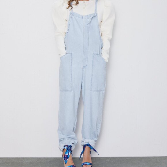 Zara Denim Overalls Dungarees Women's Light Wash Cotton - Picture 1 of 12